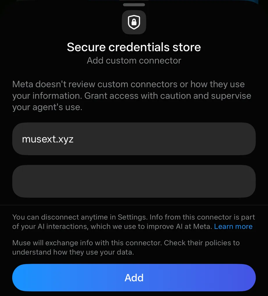 Muse's secure credentials store, with a field for the key and an Add button